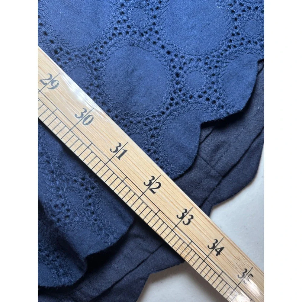J.Crew Navy Blue Eyelet‎ Cotton Mini Dress 12 V-Neck Long Sleeve Lined Scallop